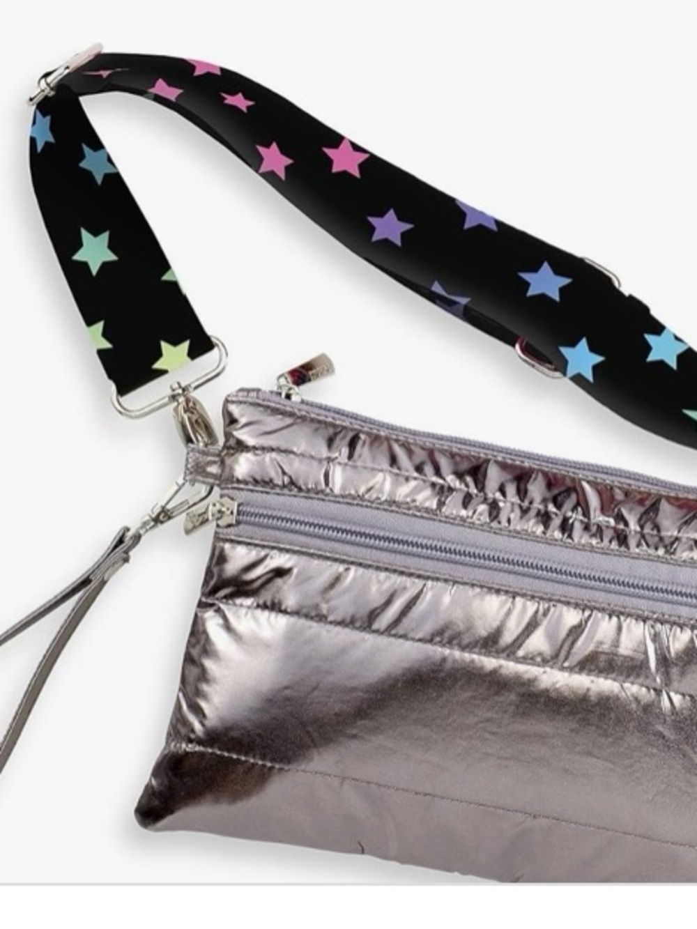 Top Trenz Gun Metal Puffer Cross Body Bag with a multi-star adjustable strap.